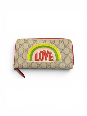 Gucci Zip Around Rectangle Wallet Brown Logo Rainbow Love Embroider